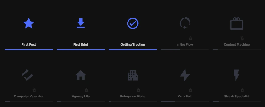 FlowBu achievements view showing unlocked badges for First Post, First Brief, and Getting Traction, with locked badges for In the Flow, Content Machine, Campaign Operator, and more