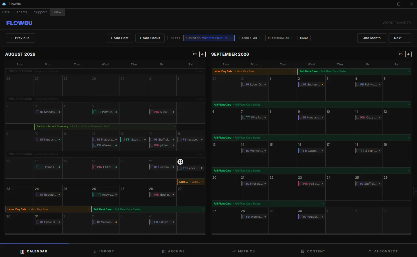 FlowBu calendar showing planned social media posts across platforms