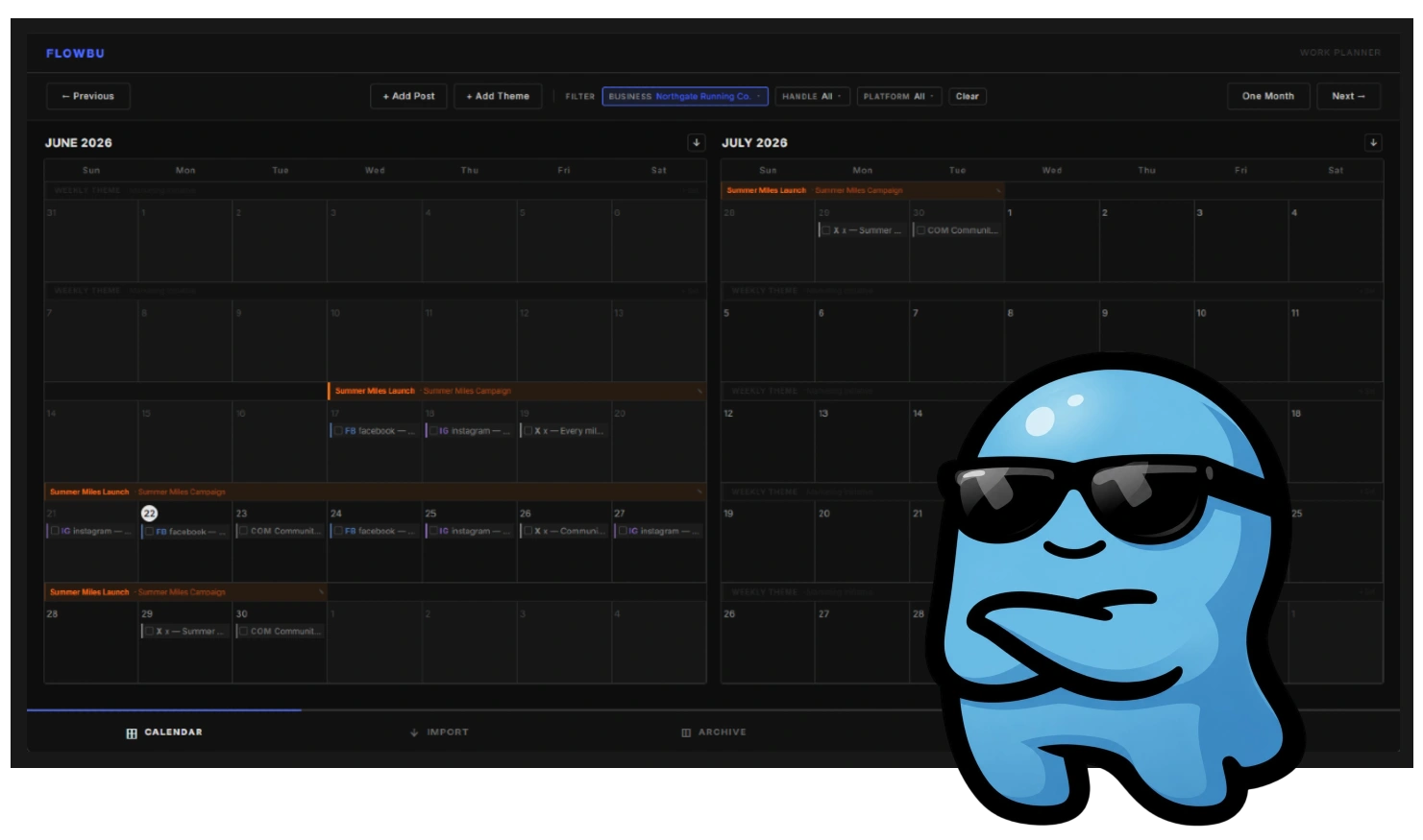 FlowBu calendar view showing a two-month content calendar with weekly themes, platform-tagged posts, and business filtering