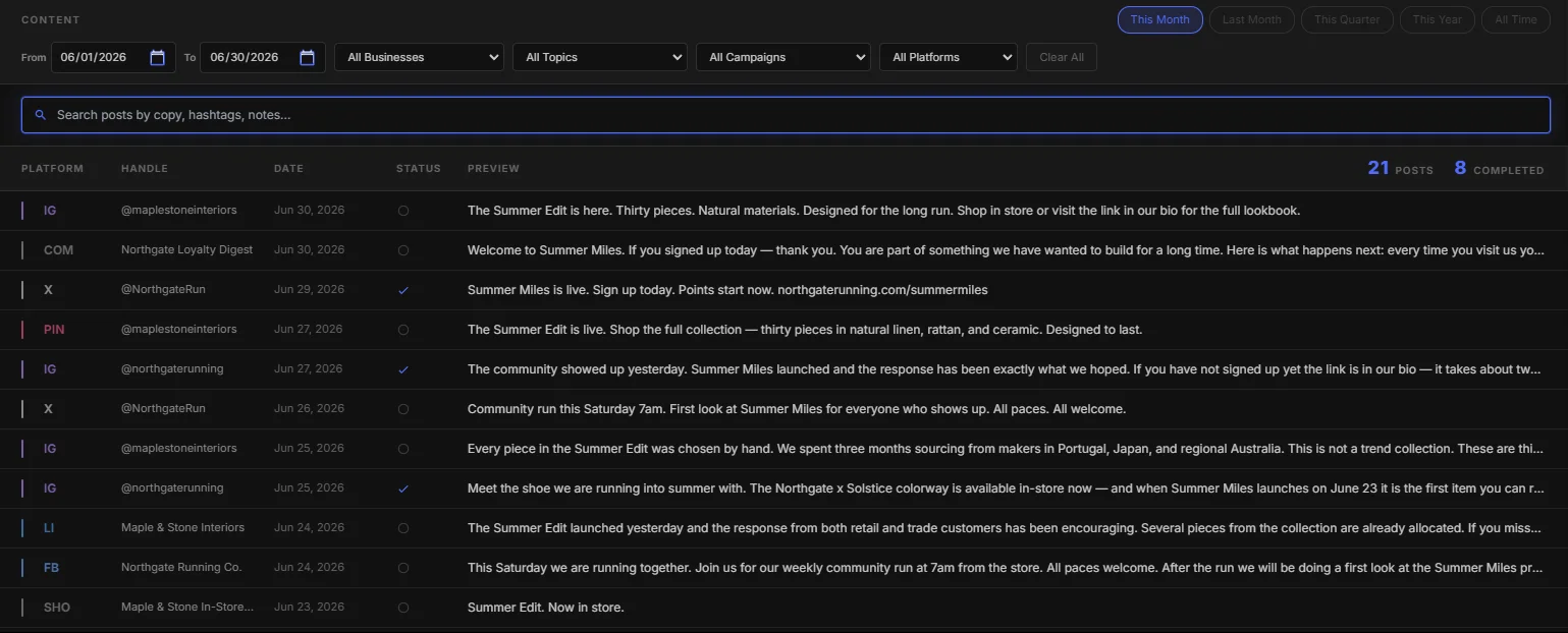 FlowBu content search showing every post ever imported, searchable by platform, handle, date, and post copy