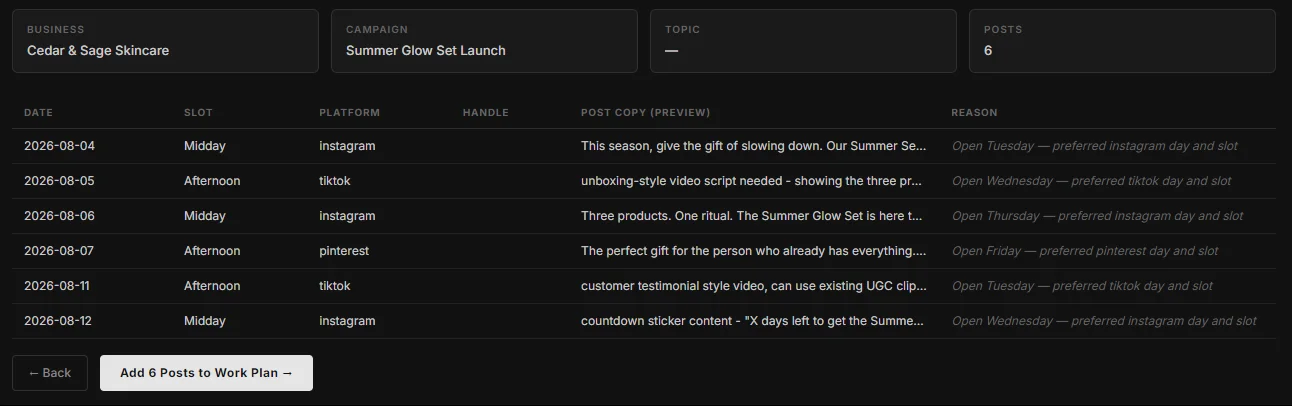 FlowBu import preview screen showing parsed posts from a content brief with date, slot, platform, and scheduling reason for each post